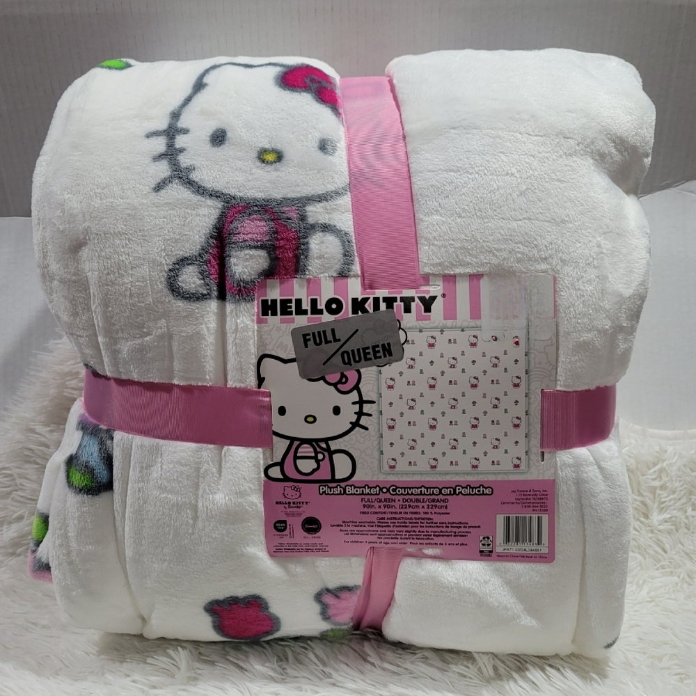 HELLO KITTY Pink Flowers Tulips Mushrooms Full/Queen 90 x 90 White Throw Blanket